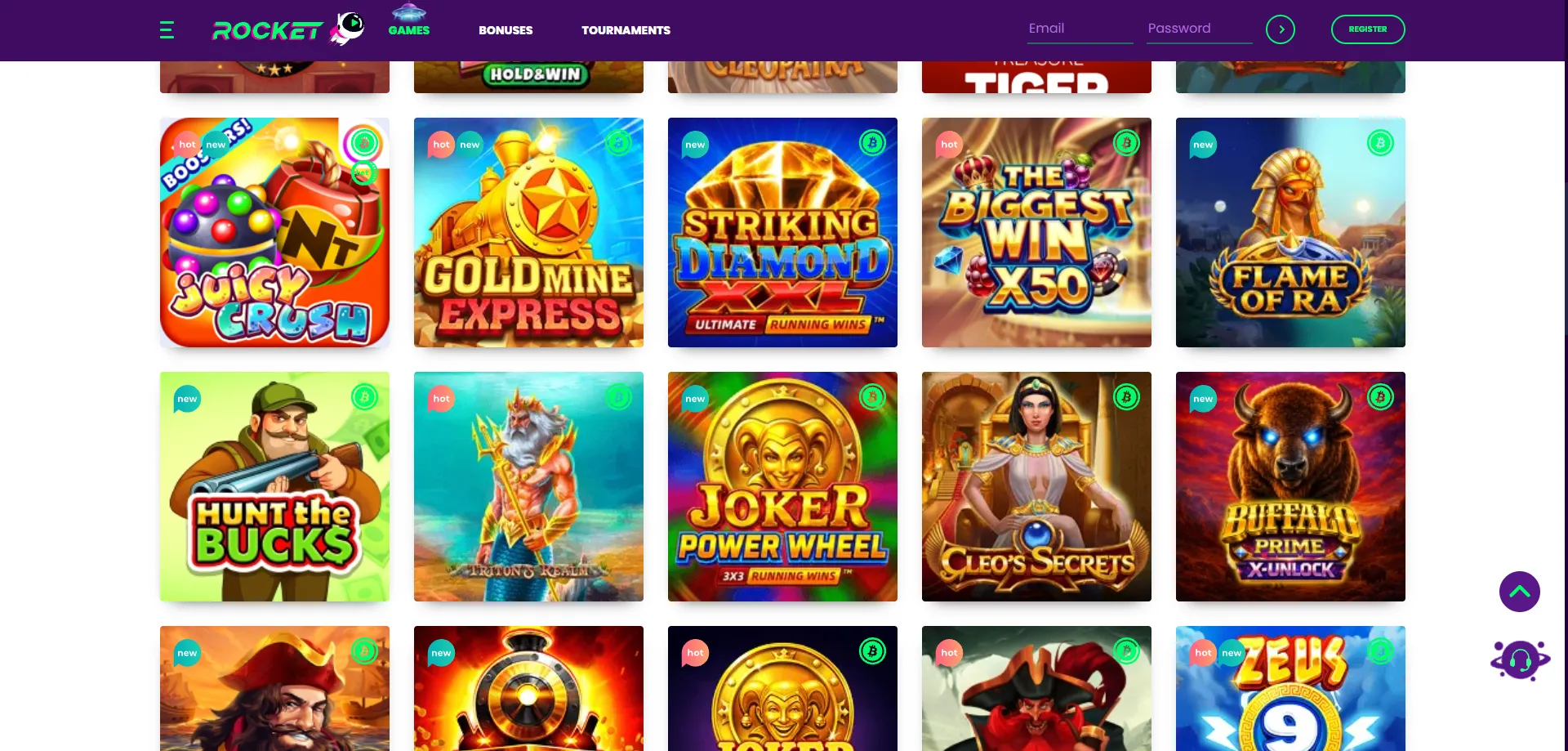 Casino Rocket game lobby — 3,000+ slots and table games