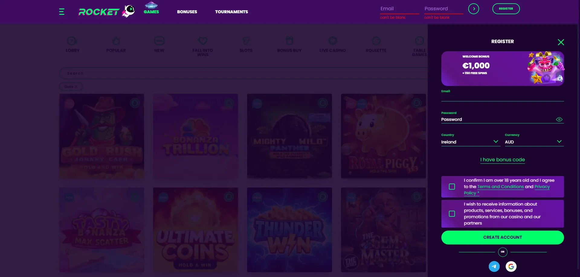 Register at Casino Rocket — quick sign-up for Australian players